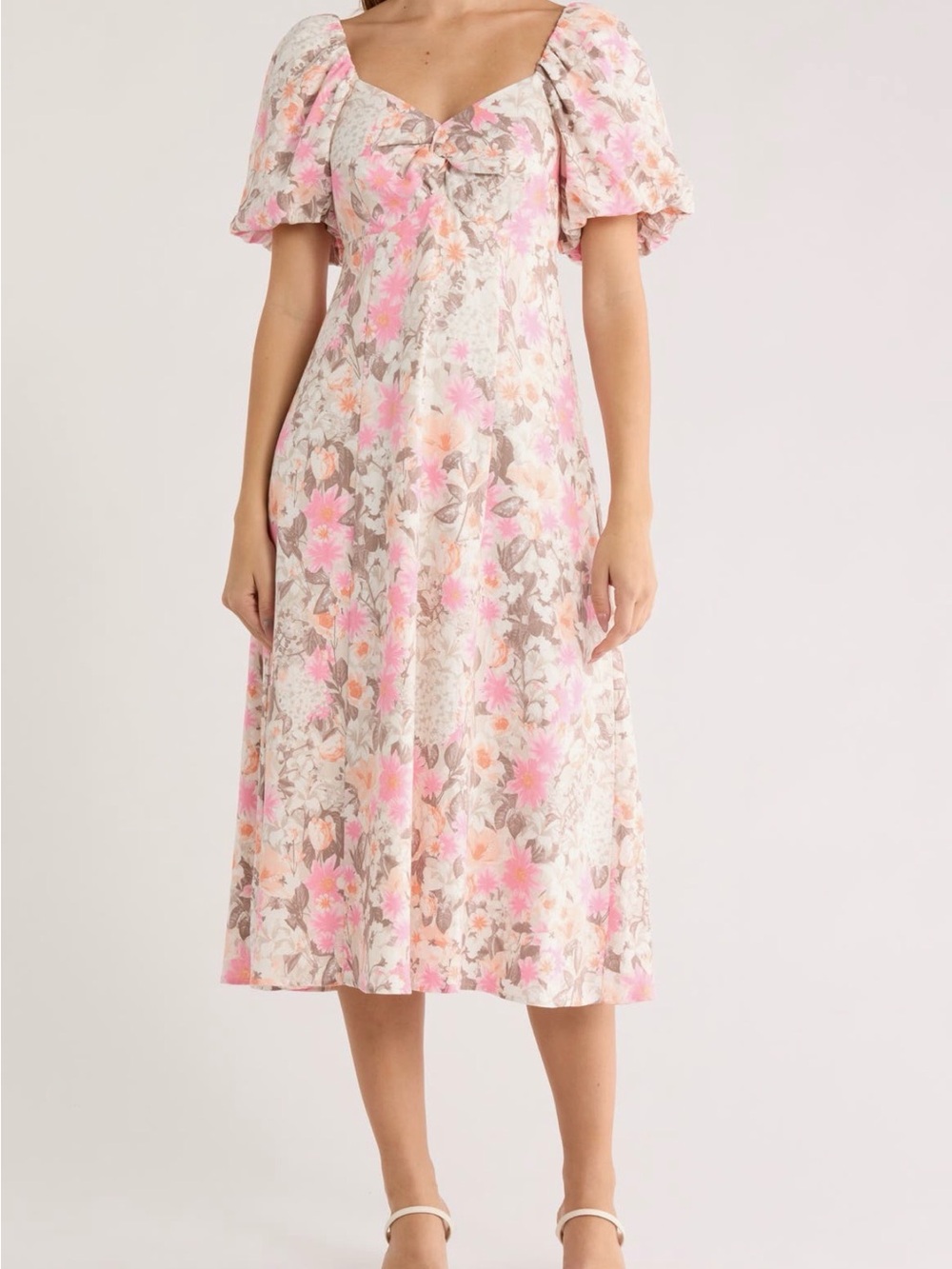 Avec Les Filles Twist Bodice Puff-Sleeve Midi Dress